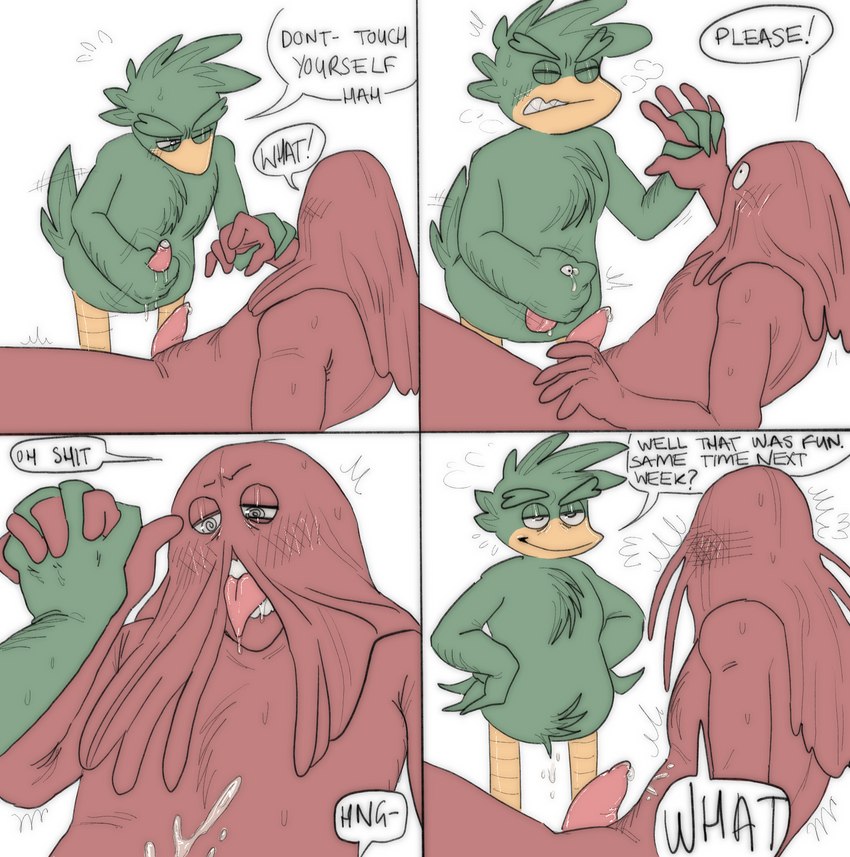 anthro beak begging blush bodily_fluids command cum cum_on_body dialogue drooling duo eyebrows feathers genital_fluids genitals glistening_eyelids green_body green_feathers hair hand_holding lidded_eyes male male/male masturbation noseless nude penile penile_masturbation penis penis_eye precum red_body red_hair saliva size_difference small_dom_big_sub smile speech_bubble sweat tail tail_feathers tapering_penis text tongue tongue_out unusual_anatomy unusual_eye_placement unusual_genitalia unusual_penis werdopon don't_hug_me_i'm_scared wakey_wakey_pilot duck_guy_(dhmis) morgan_(dhmis) red_guy_(dhmis) avian bird humanoid comic english_text hi_res