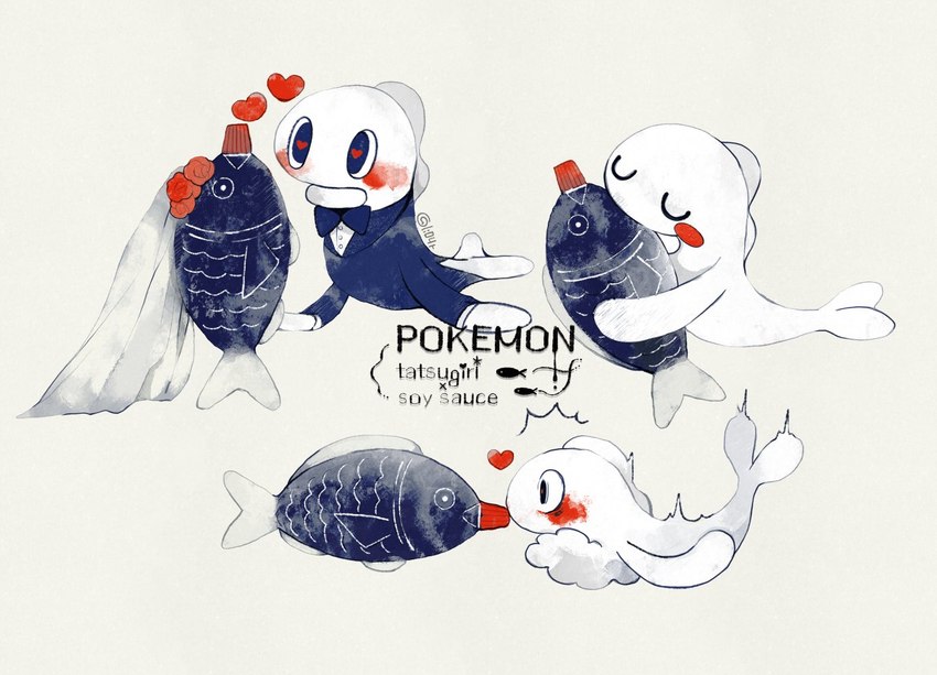 ambiguous_gender black_text blush bow_tie clothing duo eyes_closed flustered food heart_pupils heart_symbol hug kissing married_couple red_heart simple_background soy_sauce suit text wedding white_sclera li04r nintendo pokemon fish generation_9_pokemon marine pokemon_(species) tatsugiri 2024 digital_media_(artwork) english_text