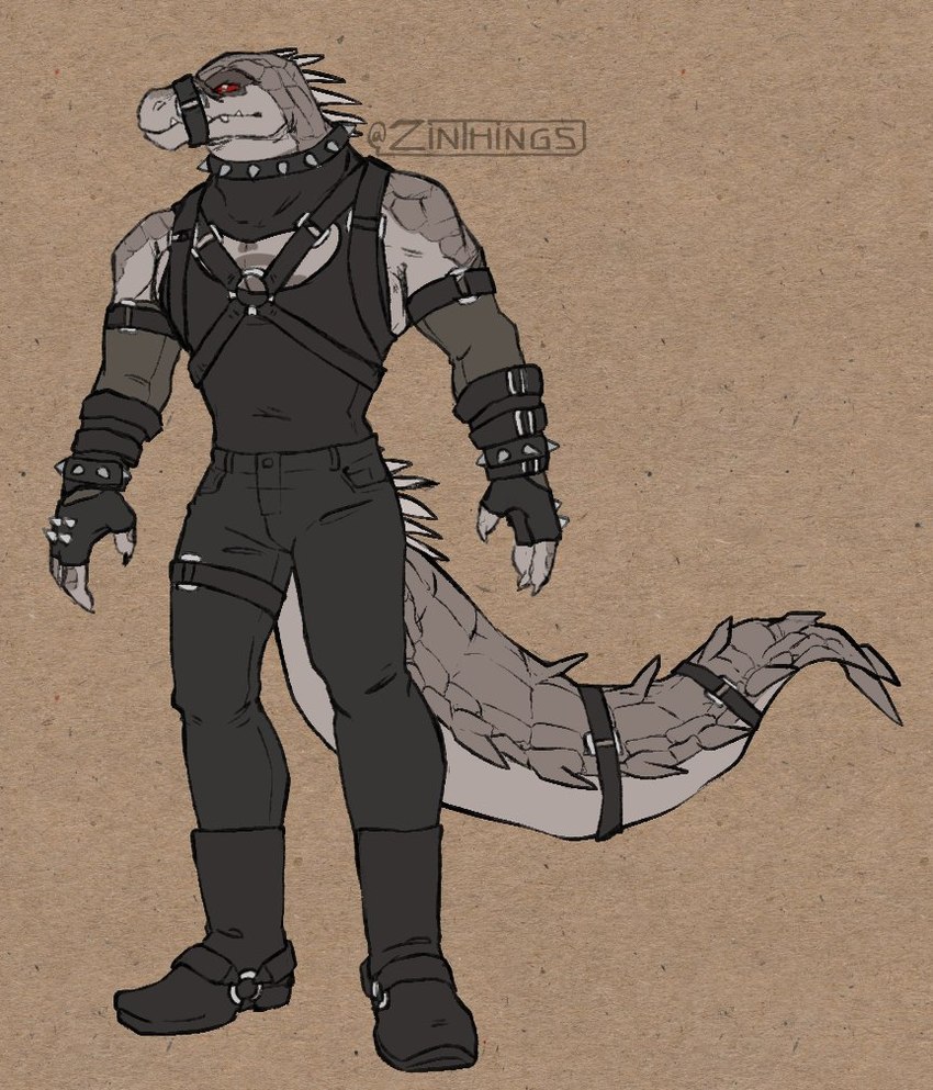 anthro clothing facial_markings fangs fingerless_gloves gloves handwear head_markings male markings mouth_strap red_eyes shirt solo spikes straps tail tank_top teeth thick_tail topwear zinthings dislyte lilith_games daylon_(dislyte) crocodile crocodilian reptile scalie