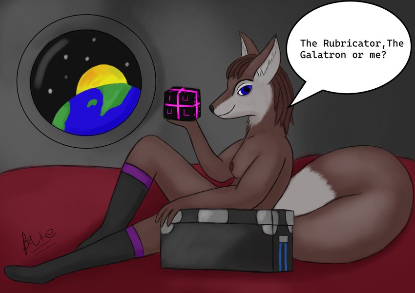 anthro bed bedroom_eyes blue_eyes box breasts brown_body brown_fur brown_hair clothing container female footwear fur furniture hair holding_object looking_at_viewer narrowed_eyes nude on_bed planet pose seductive socks space speech_bubble star sun tail bake_a_snake paradox_interactive stellaris alien canid canine fox mammal mammalian_(stellaris) mammalian_3 true_fox absurd_res hi_res pinup