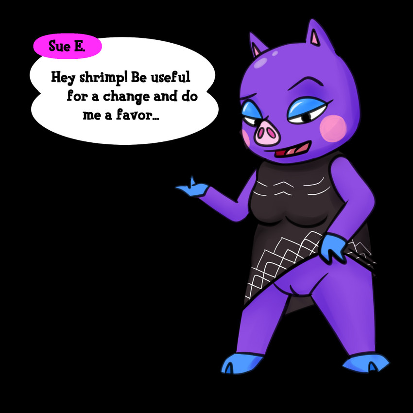 anthro clothed clothing dress exhibitionism female genitals pussy solo speech_bubble text teot animal_crossing nintendo sue_e._(animal_crossing) domestic_pig mammal suid suine sus_(pig) 1:1 alpha_channel english_text