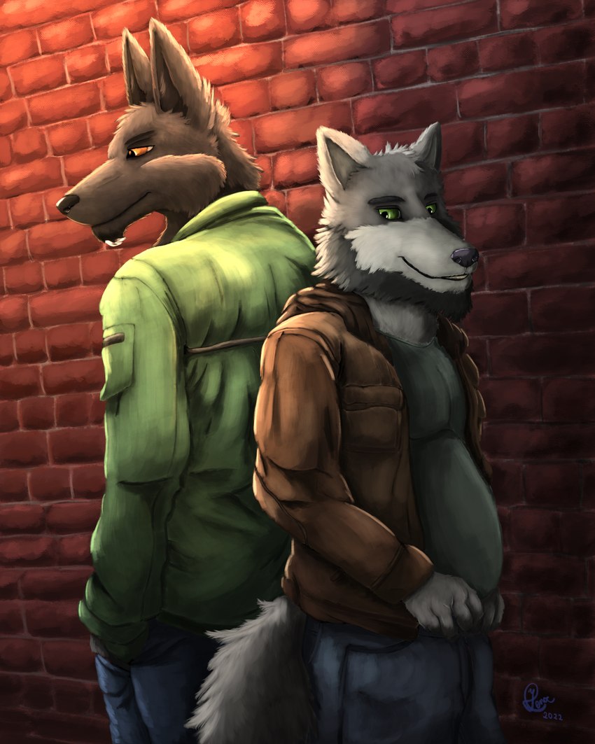 anthro back_to_back beard black_body black_fur bottomwear brick_wall brown_clothing brown_eyes brown_jacket brown_topwear buddies clothed clothing denim denim_bottomwear denim_clothing duo facial_hair floofy_tail fully_clothed fur green_clothing green_eyes green_jacket green_topwear grey_body grey_fur highlights_(coloring) jacket jeans leaning male pants piercing shadow shirt slightly_chubby smile standing topwear wall_(structure) yenocwolf hex_(satanic-furry) yenoc canid canine canis jackal mammal wolf 4:5 absurd_res hi_res