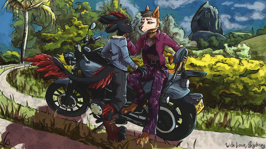 anthro detailed_background duo ear_piercing ear_ring eye_contact feather_ear_ring female hand_on_face hand_on_leg holding_head looking_at_another looking_at_partner male motorcycle piercing plant ring_piercing romantic romantic_couple shrub sky smile tree vehicle sydney_onmars lexi_(drawlexia) tibaes avali canid canine canis domestic_dog mammal 16:9 4k absurd_res digital_media_(artwork) digital_painting_(artwork) hi_res widescreen