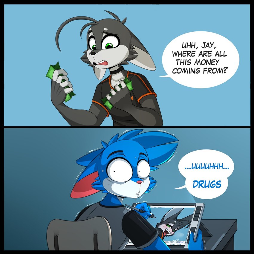 2_panel_comic anthro black_body black_fur blue_background blue_body blue_fur blush bodily_fluids cheek_tuft choker clothed clothing countershading creating_art dialogue drawing_tablet duo ears_down electronics facial_tuft fur green_eyes grey_body grey_fur heart_eyes heart_symbol humor jewelry male male_anthro money multicolored_body multicolored_fur necklace nervous open_mouth pivoted_ears simple_background stylus sweat sweatdrop text tongue tongue_out tuft two_tone_body two_tone_fur white_body white_fur wide_eyed jay-r jay-r_(character) page_(jay-r) canid canine domestic_cat felid feline felis fennec_fox fox hybrid mammal true_fox 1:1 2022 english_text hi_res