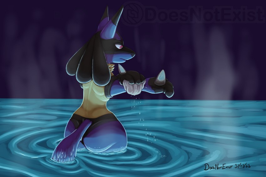 anthro bathing biped black_body black_fur blue_body blue_fur butt cleaning cleaning_rag dipstick_ears ear_markings fur long_ears male multicolored_ears rear_view red_eyes solo steam tan_body tan_fur thick_thighs water doesnotexist nintendo pokemon subscribestar blacktail_(doesnotexist) generation_4_pokemon lucario pokemon_(species) 2023 dated digital_media_(artwork) hi_res signature watermark