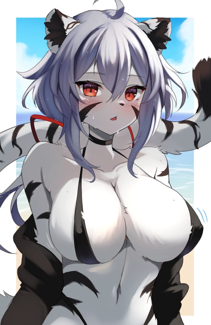 ahoge anthro bangs beach big_breasts bikini black_choker black_clothing black_jacket black_jewelry black_necklace black_nose black_stripes black_topwear blush border breasts choker clothed clothing collarbone female female_anthro fur hair hair_between_eyes highleg_bikini jacket jewelry kemono navel necklace off_shoulder open_mouth outside_border purple_hair red_eyes skimpy striped_body striped_fur stripes swimwear topwear tuft two-piece_swimsuit white_body white_border white_fur an_chobi94 felid mammal pantherine tiger hi_res