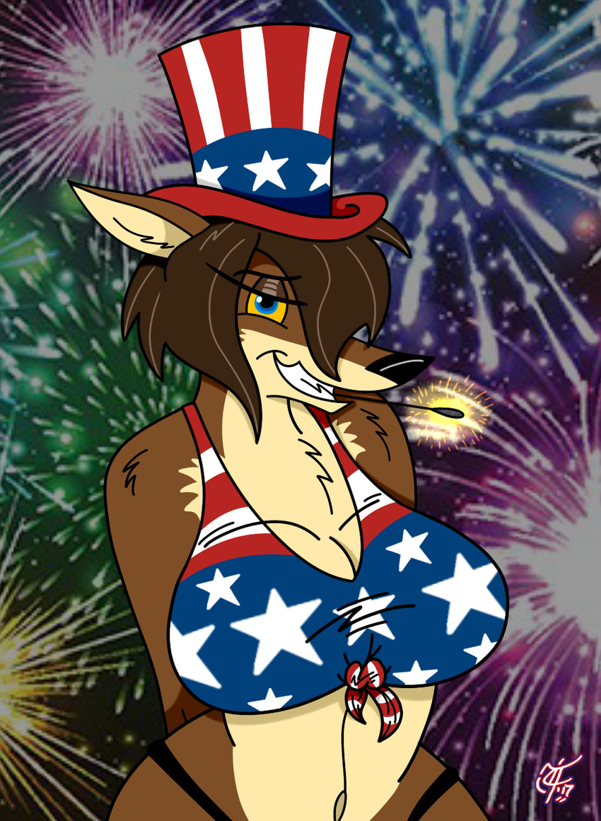 anthro big_breasts blue_eyes breasts brown_body brown_fur clothed clothing female fur hair huge_breasts looking_at_viewer narrowed_eyes patriotism politics smile solo thick_thighs tongue yellow_sclera unclescooter lucy_lupa canid canine canis mammal wolf 2017 digital_media_(artwork) hi_res