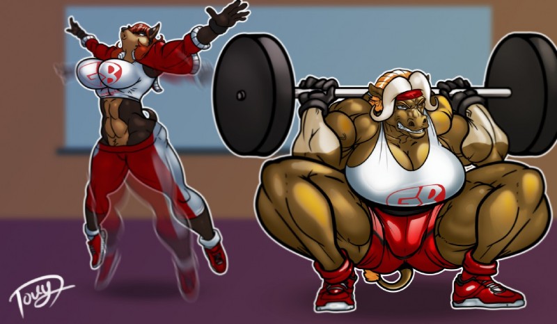 anthro breasts clenched_teeth crouching duo exercise female gym hair muscular muscular_female teeth weightlifting workout greatwuff asinus canid canine donkey equid equine mammal