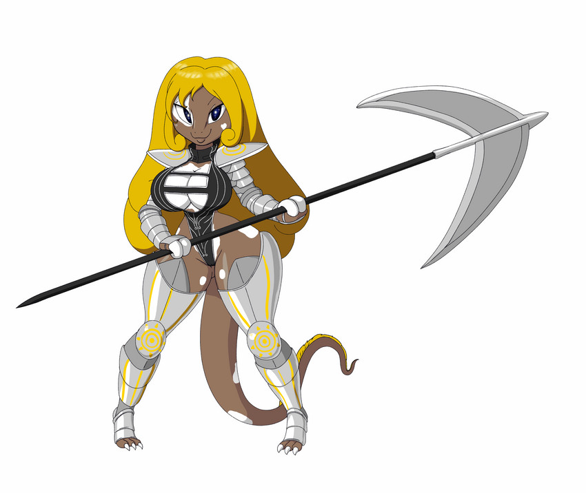 anthro armor big_breasts bikini_armor blonde_hair breasts cleavage cleavage_cutout clothed clothing curled_hair cutout female hair heart_symbol huge_breasts leotard melee_weapon open-toe_boots paladin polearm solo spear unconvincing_armor vitiligo weapon tansau magdalene_of_house_frostbrine alien nefer_(species) absurd_res hi_res