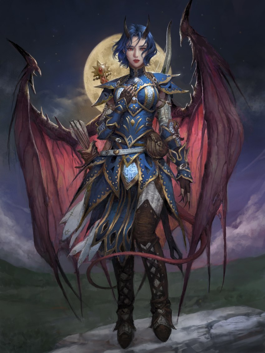 armor arrow_(weapon) blue_hair bow_(weapon) breasts claws clothing cloud detailed_background female finger_claws footwear front_view full_moon gloves hair handwear horn light_body light_skin looking_at_viewer medium_breasts membrane_(anatomy) membranous_wings moon night not_furry plantigrade pupils quiver_(object) ranged_weapon red_eyes shoes short_hair slit_pupils solo standing star tail weapon wings yellow_moon meiling_chen pathfinder pathfinder:_wrath_of_the_righteous arueshalae demon demon_humanoid horned_humanoid humanoid winged_humanoid 3:4 absurd_res digital_media_(artwork) digital_painting_(artwork) hi_res painting_(artwork) shaded