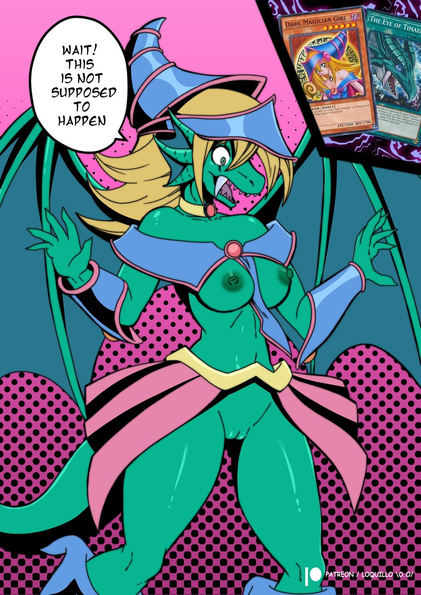 anthro blonde_hair breasts claws clothed clothing dialogue fangs female genitals green_body green_eyes hair hat headgear headwear nipples open_mouth partially_clothed pussy solo speech_bubble tail teeth text tongue loquillo66 mythology yu-gi-oh! dark_magician_girl dragon duel_monster mythological_creature mythological_scalie scalie absurd_res english_text hi_res