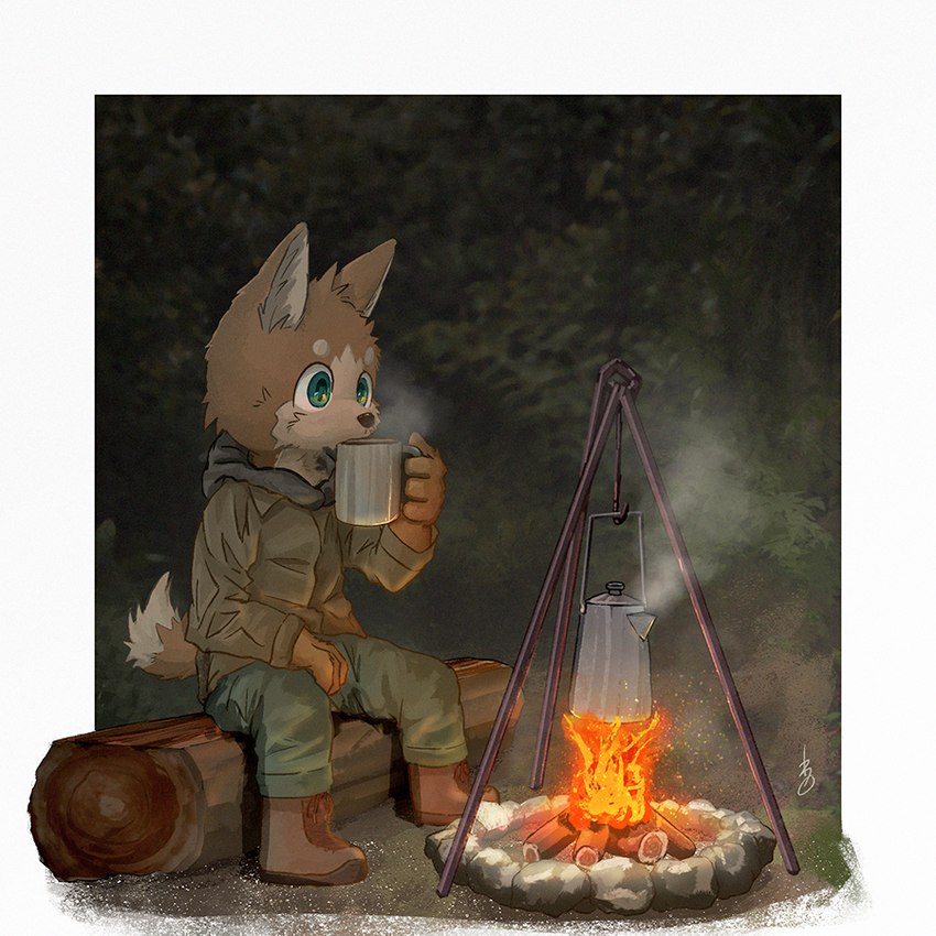 4_fingers anthro boots border bottomwear brown_body brown_fur campfire camping clothing container cup drinking_mug eyebrows fingers fire footwear fur green_bottomwear green_clothing green_eyes green_pants holding_container holding_cup holding_mug holding_object kettle male mug outside pants rock shoes sitting sitting_on_log solo steam tail tan_body tan_fur topwear white_border wood young young_anthro young_male isamatu canid canine canis domestic_dog mammal 1:1