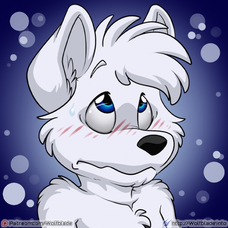 anthro blue_background blue_eyes blush fur simple_background solo white_body white_fur wolfblade artie canid canine fox mammal 1:1