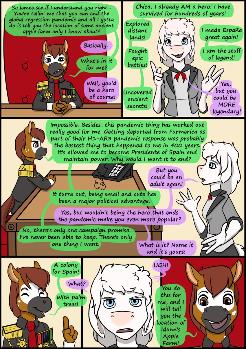 anthro biped clothing detailed_background dialogue duo female fur hair male shirt speech_bubble standing text topwear kammypup_(artist) runt_(artist) equid equine horse mammal 2021 artist_collaboration comic english_text hi_res