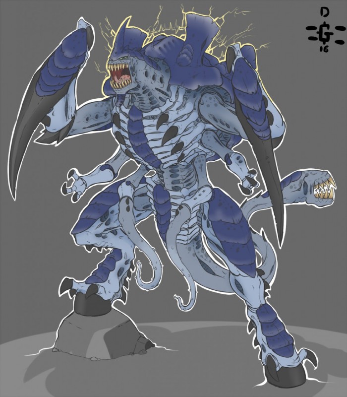 hooves male open_mouth rib_cage sharp_teeth simple_background solo standing teeth tentacles tongue dannyg warhammer_(franchise) warhammer_40000 alien hive_tyrant tyranid hi_res