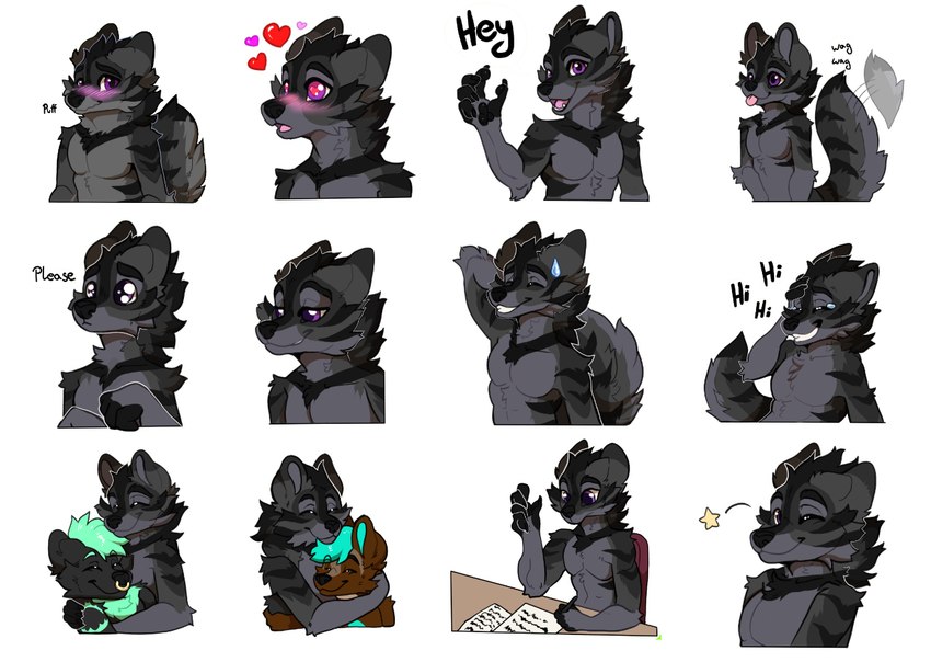 anthro black_body black_fur duo fur heart_eyes heart_symbol male one_eye_closed paper purple_eyes slim solo telegram_sticker wink skullying alex_nightmurr canid canine canis mammal wolf