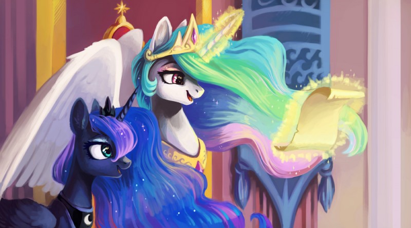 detailed_background duo feathered_wings feathers female feral horn inside magic magic_user palace paper smile wings deardrear friendship_is_magic hasbro my_little_pony mythology princess_celestia_(mlp) princess_luna_(mlp) equid equine mammal mythological_creature mythological_equine winged_unicorn 2015 hi_res