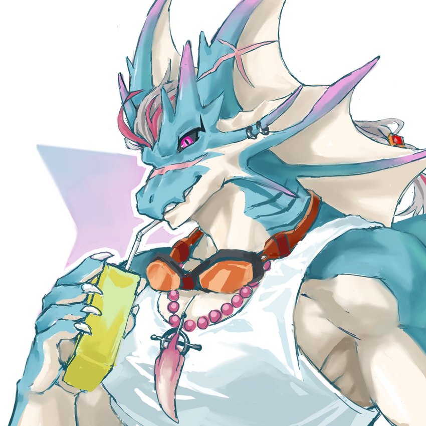 anthro beverage black_sclera blue_body clothing ear_piercing ear_ring eyewear goggles hair jewelry juice_box male muscular muscular_anthro muscular_male necklace pecs piercing red_eyes ring_piercing shirt sipping solo tank_top topwear white_hair furryilon lifewonders live_a_hero mythology hydoor dragon mythological_creature mythological_scalie scalie 1:1 hi_res