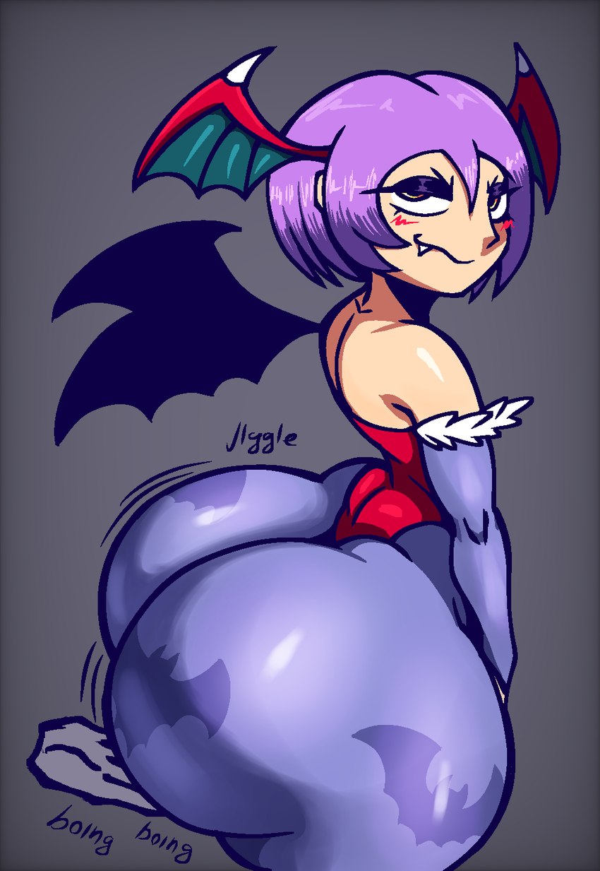 bat_wings big_butt blush blush_lines butt butt_jiggle closed_smile clothing cute_fangs disembodied_hand eyelashes fangs female gradient_background grey_background hair head_wings huge_butt jiggling light_body light_skin looking_at_viewer membrane_(anatomy) membranous_wings mouth_closed narrowed_eyes purple_hair short_hair simple_background small_waist smile smug solo spiked_wings teeth teeth_showing thick_thighs unusual_wing_placement wings nanodude78 capcom darkstalkers lilith_aensland demon humanoid succubus winged_humanoid hi_res