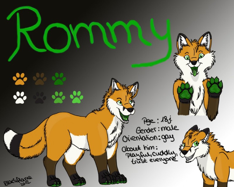 claws feral fur green_claws green_eyes green_pawpads grin looking_at_viewer male open_mouth orange_body orange_fur pawpads pose smile solo tongue tongue_out blackfurryflame rommy_winterlight canid canine fox mammal red_fox true_fox 5:4 model_sheet