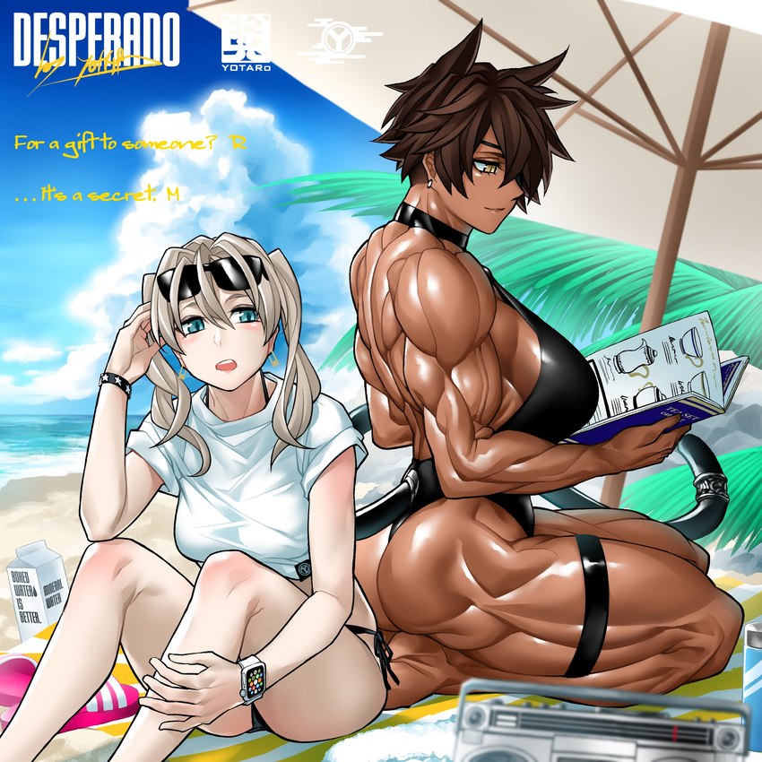 back_muscles beach biceps big_breasts blonde_hair blue_eyes blue_sky bracelet breasts brown_body brown_hair brown_skin butt clock clothing dark_body dark_skin duo ear_piercing ear_ring electronics eyewear female footwear hair jewelry muscular muscular_female muscular_thighs open_mouth palm_tree piercing pigtails plant pupils radio ring_piercing sandals sea seaside shirt shoes short_hair side_boob sitting sky slit_pupils smile sunglasses swimwear teeth text tongue topwear towel tree watch water yellow_eyes yotaro_(noirm08) mao_(yotaro) animal_humanoid cat_humanoid felid felid_humanoid feline feline_humanoid human humanoid mammal mammal_humanoid 1:1 absurd_res english_text hi_res signature