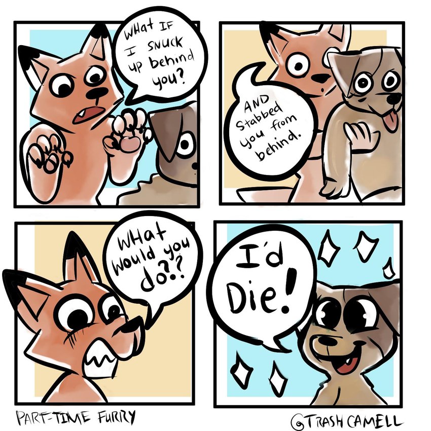 anthro black_nose brown_body brown_fur dialogue duo fur grin humor orange_body orange_fur paws smile speech_bubble teeth text tongue tongue_out trashcamell bee_(trashcamell) soy_(trashcamell) canid canine canis domestic_dog fox mammal 1:1 2020 comic digital_media_(artwork) english_text hi_res nonbinary_(lore)