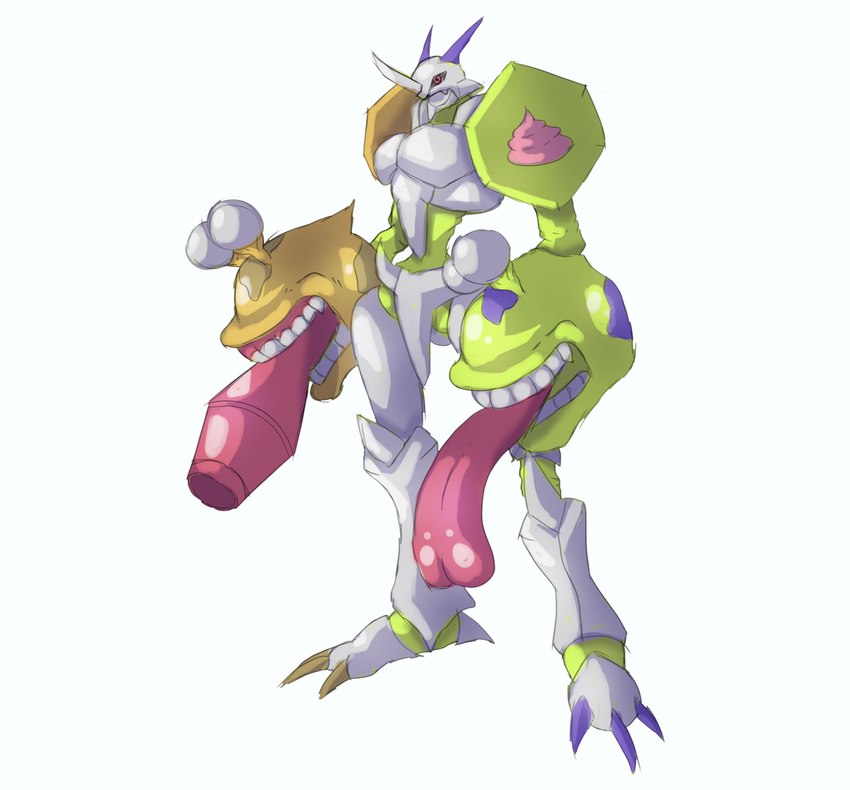 armor biped claws eyestalks fusion head_hands headgear helmet horn humor long_tongue solo tongue bandai_namco digimon digimon_(species) geremon humanoid numemon omnimon digital_media_(artwork) full-length_portrait hi_res portrait