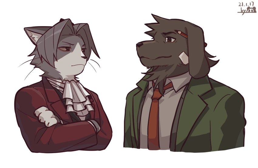 alternate_species anthro clothed clothing furrification group male necktie karasuma_wasabi ace_attorney capcom dick_gumshoe miles_edgeworth canid canine canis domestic_cat domestic_dog felid feline felis mammal hi_res