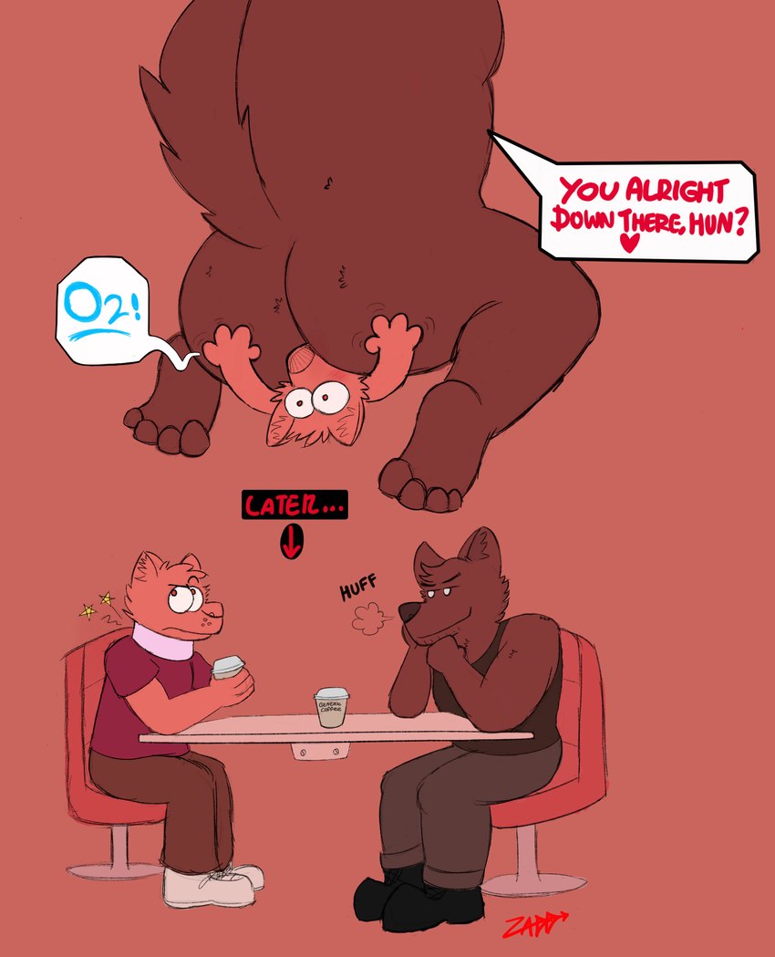 age_difference anal annoyed anthro asphyxiation beverage biceps big_butt big_power_bottom blush breath butt butt_grab chair clothed clothing coffee coffee_cup confident_male container cup dialogue eyebrows facesitting feet fingers footwear freckles furniture fuzzy hand_on_butt head_tuft hindpaw inner_ear_fluff male male/male muscular neck_brace oral paws power_bottom raised_eyebrow rimming sex shoes simple_background sitting_on_another size_difference small_dom_big_sub smile smirk speech_bubble table tail toes toony tuft wounded chadzadd dennis_(chadzadd) canid canine canis mammal wolf colored comic hi_res