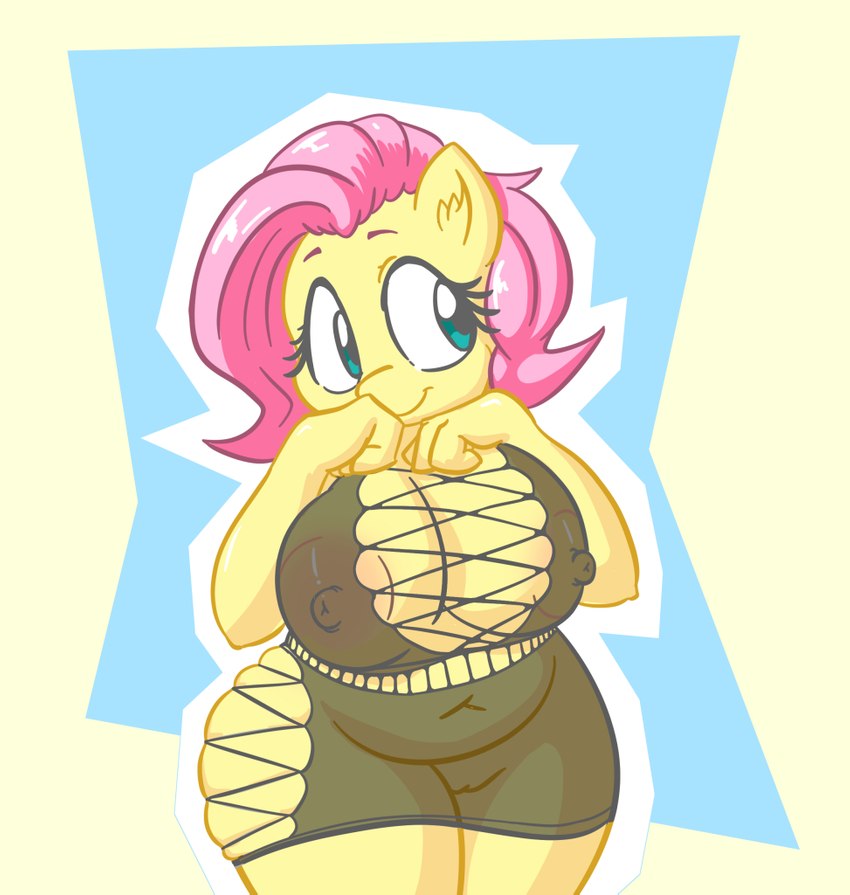 anthro anthrofied big_breasts breasts camel_toe cleavage clothed clothing female hair huge_breasts nipple_outline pink_hair solo thick_thighs yellow_body snus-kun friendship_is_magic hasbro my_little_pony fluttershy_(mlp) equid equine mammal