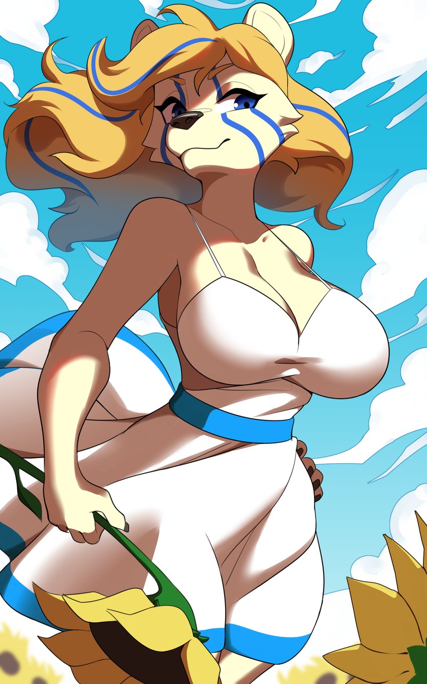 anthro big_breasts biped blonde_eyebrows blonde_hair blue_eyes blue_highlights blue_markings blue_sky breasts cleavage clothed clothing cloud day dress eyebrows eyelashes female flower hair hand_on_hip hand_on_own_hip highlights_(coloring) holding_flower holding_object holding_sunflower long_hair looking_at_viewer low-angle_view markings plant sky solo sunflower white_clothing white_dress amberpendant akira_(skorch_voluntar) canid canine mammal 2023 5:8 absurd_res digital_media_(artwork) hi_res shaded