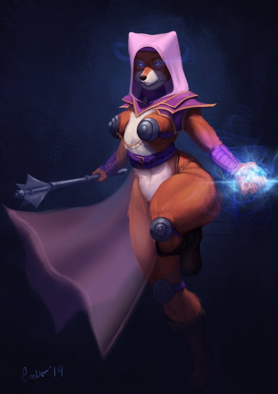 abstract_background anthro armband armor bikini_armor boots breasts clothed clothing female footwear holding_object holding_weapon hood looking_at_viewer mace magic magic_user melee_weapon navel sash shoes solo spaulder thick_thighs unconvincing_armor weapon wide_hipped_female wide_hips emberwick disney robin_hood_(disney) maid_marian canid canine fox mammal red_fox true_fox 2019 hi_res signature