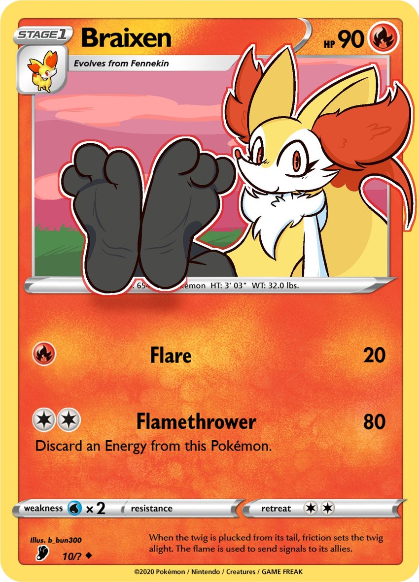 3_toes ambiguous_gender anthro curling_toes feet foot_focus fur inner_ear_fluff paws plantigrade pokemon_card soles solo tail tcg_card text toes trading_card trading_card_game tuft yellow_body yellow_fur b_bun300 nintendo pokemon braixen canid canine generation_6_pokemon mammal pokemon_(species) english_text hi_res