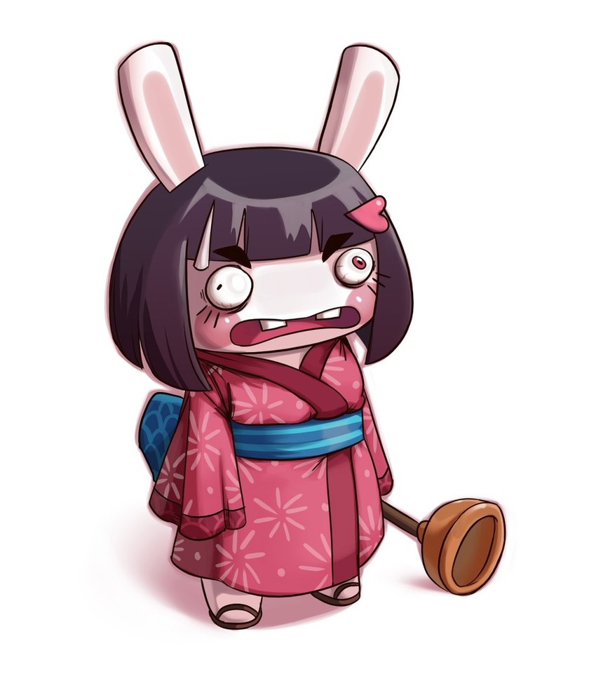 anthro asian_clothing black_hair bloodshot_eyes clothed clothing derp_eyes dress east_asian_clothing female fur hair humor japanese_clothing kimono open_mouth pink_cheeks plunger red_clothing red_eyes red_kimono simple_background solo teeth white_body white_fur kryadrawgin raving_rabbids rayman_(series) ubisoft vkontakte usagichi_(vkontakte) lagomorph leporid mammal rabbid rabbit 2022 crossover