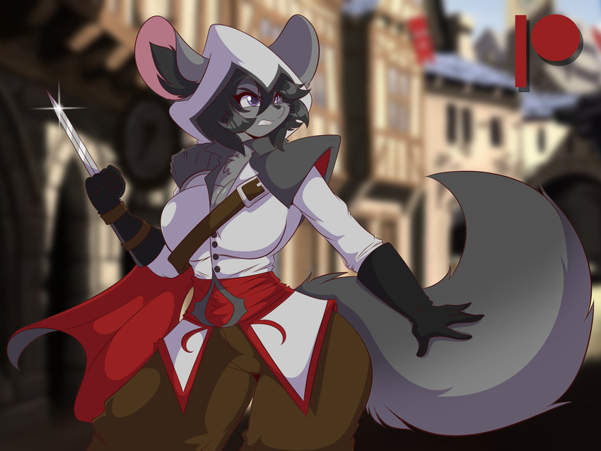 anthro assassin bottomwear city clothing female fur gloves grey_body grey_fur handwear hidden_blade hood hoodie knife pants purple_eyes solo topwear mastergodai assassin's_creed ubisoft ezio_auditore hybrid mammal mouse murid murine rodent sciurid tree_squirrel absurd_res hi_res