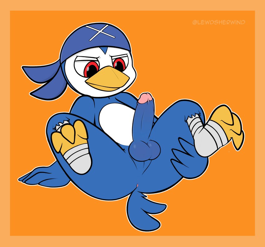 annoyed anus balls beak border butt erection genitals male non-mammal_balls orange_background orange_border penis red_eyes simple_background solo spread_legs spreading sherwind52 kaio:_king_of_pirates sangokushi avian bird penguin absurd_res hi_res