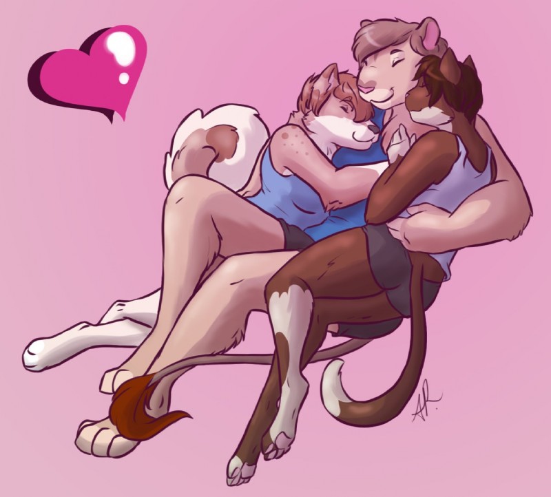 anthro anthro_on_anthro bottomwear boy_shorts breasts clothed clothing female group heart_symbol hug polyamorous polycule shirt shorts smile tank_top topwear underwear kitterjitters canid canine canis domestic_cat domestic_dog felid feline felis lion mammal pantherine digital_media_(artwork)