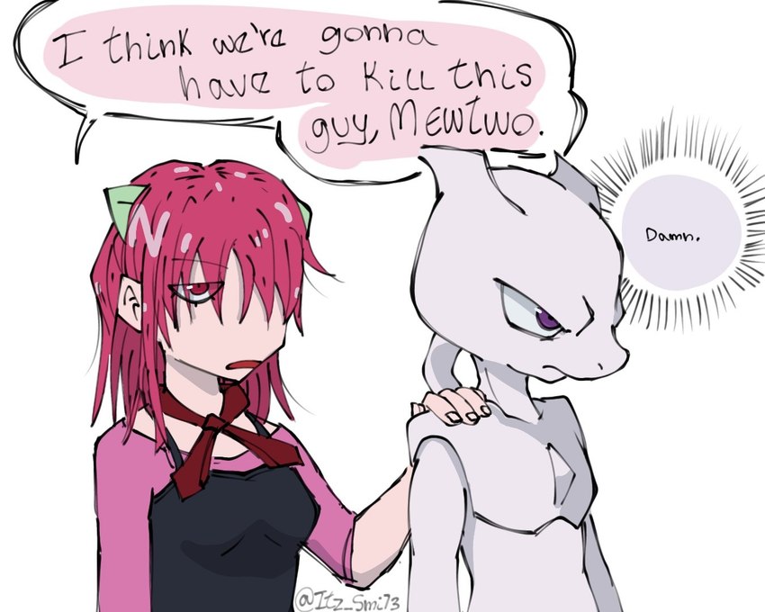 ambiguous_gender anthro biped dialogue duo female hair open_mouth pink_hair purple_eyes red_eyes simple_background speech_bubble white_background white_body itz_smi73 elfen_lied i_think_we're_gonna_have_to_kill_this_guy nintendo pokemon lucy_(elfen_lied) diclonius generation_1_pokemon legendary_pokemon mewtwo pokemon_(species) 5:4 meme