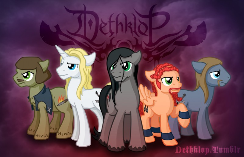 abstract_background alternate_species blue_eyes cutie_mark dethklop feathered_wings feathers feral green_eyes group hair horn looking_at_viewer male parody ponification quadruped simple_background tail text wings scorchie-coro dethklok hasbro metalocalypse my_little_pony mythology nathan_explosion pickles_(dethklok) skwisgaar_skwigelf toki_wartooth william_murderface equid equine mammal mythological_creature mythological_equine pegasus unicorn crossover english_text