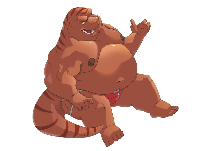 belly brown_body clothing humanoid_hands jockstrap kemono male moobs navel nipples overweight overweight_male simple_background sitting solo underwear white_background bluewhale127 dinosaur prehistoric_species reptile scalie 2021 4:3 hi_res