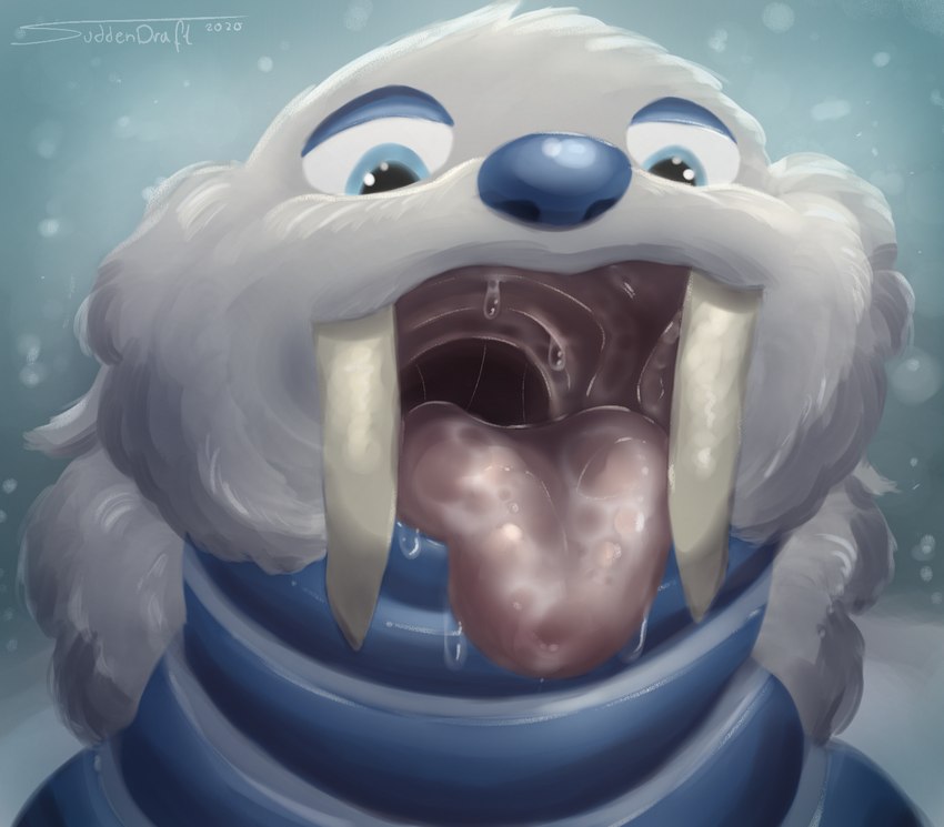 blue_eyes fangs fur grey_body grey_fur male mouth_shot open_mouth sabertooth_(anatomy) snow snowing solo teeth thick_tongue tongue tongue_out suddendraft nintendo pokemon generation_3_pokemon pokemon_(species) walrein 2020 digital_media_(artwork) headshot_portrait hi_res portrait