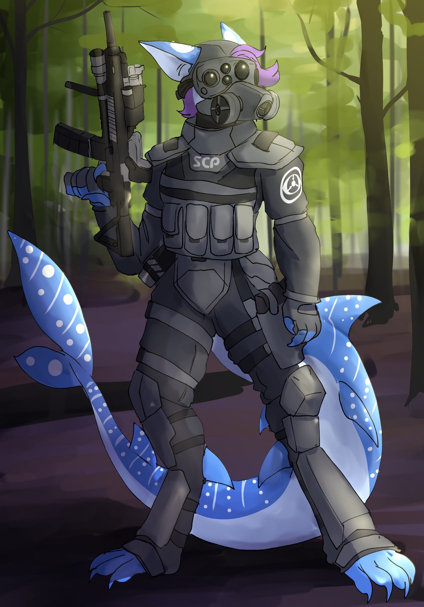 anthro armor big_tail blue_body blue_skin body_armor combat_armor female forest forest_background gas_mask gun hair looking_aside mask mobile_task_force nature nature_background night_vision_goggles plant purple_hair ranged_weapon solo tactical_gear tail thick_tail tree weapon white_body white_skin ketzel99 scp_foundation mobile_task_force_eta-10 rigel_(1stsavagery) carpet_shark fish marine shark whale_shark absurd_res hi_res