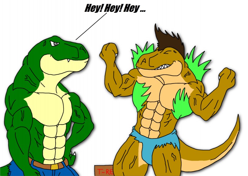 abs anthro belt biceps bottomwear brown_body brown_skin claws clothed clothing duo fangs flexing green_body green_skin hair male muscular pants pecs pose scales shirt shorts simple_background tail teeth topless topwear torn_clothing transformation vein white_background maxime-jeanne jonathan_alexander thomas_carter dinosaur human mammal prehistoric_species reptile scalie theropod tyrannosaurid tyrannosauroid tyrannosaurus tyrannosaurus_rex 2013 comic hi_res