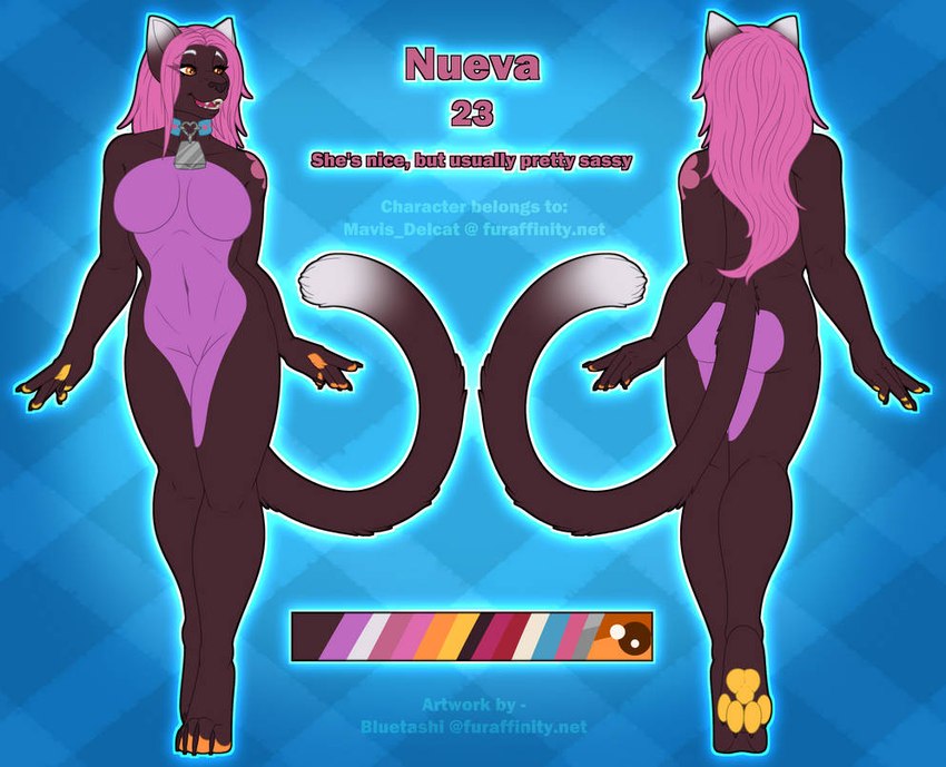 anthro bell bell_collar black_body black_fur breasts butt clubs_(marking) clubs_(suit) collar color_swatch dipstick_ears dipstick_tail ear_markings fangs female fingerpads fur hair markings medium_breasts multicolored_ears open_mouth orange_eyes orange_pawpads pawpads pink_body pink_fur pink_hair solo suit_symbol tail tail_markings teeth tongue white_ear_tips white_tail_tip yellow_pawpads bluetashi nueva_delcatte domestic_cat felid feline felis mammal character_name model_sheet