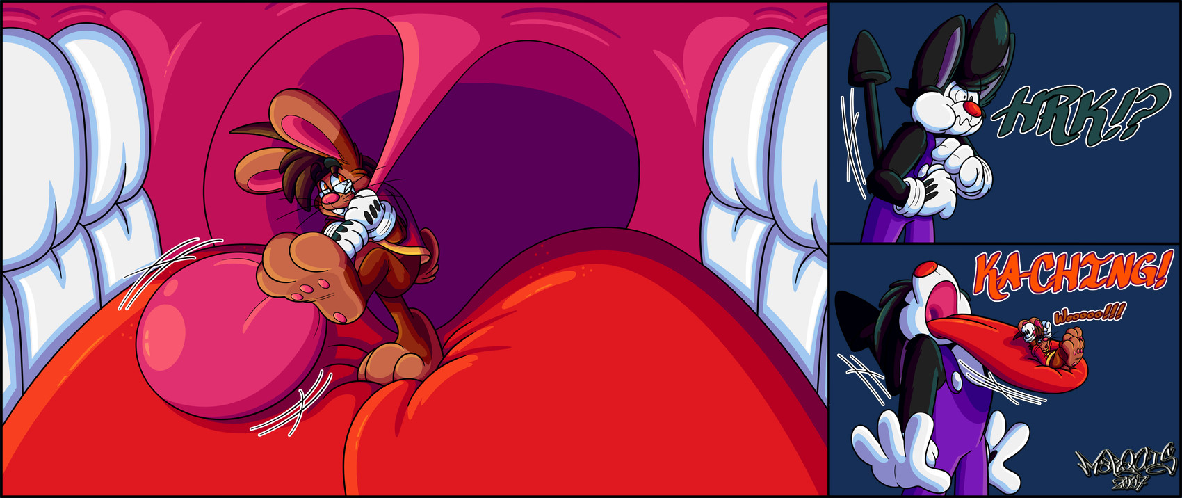 3_toes 4_fingers anthro big_feet big_tongue cartoon_gloves cartoon_physics cheek_bulge curling_toes duo feet fingers inside_mouth macro male male/male mawplay micro open_mouth pawpads paws red_tongue size_difference soft_vore soles tail toes tongue tongue_out toony toony_expression toony_moment uvula uvula_grab uvula_play vore whiskers marquis2007 herman_(marquis2007) roderick_(tamerkoh) imp lagomorph leporid mammal rabbit absurd_res hi_res