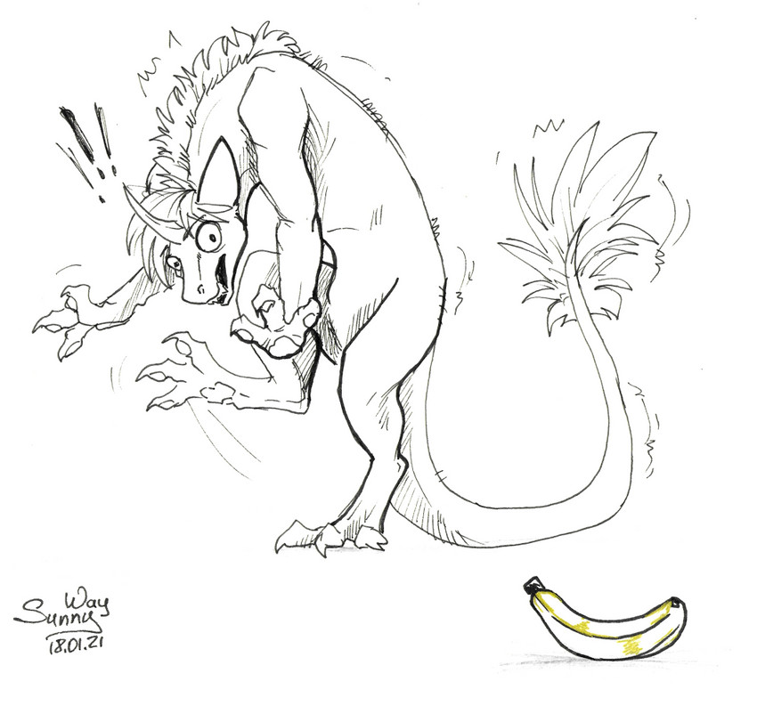 banana creepy equis_universe exclamation_point feral food fruit funny_face humor male open_mouth paper paws plant scary shocked solo sunny_way cats_vs._cucumbers ki'rinaes 2021 meme sketch traditional_media_(artwork)