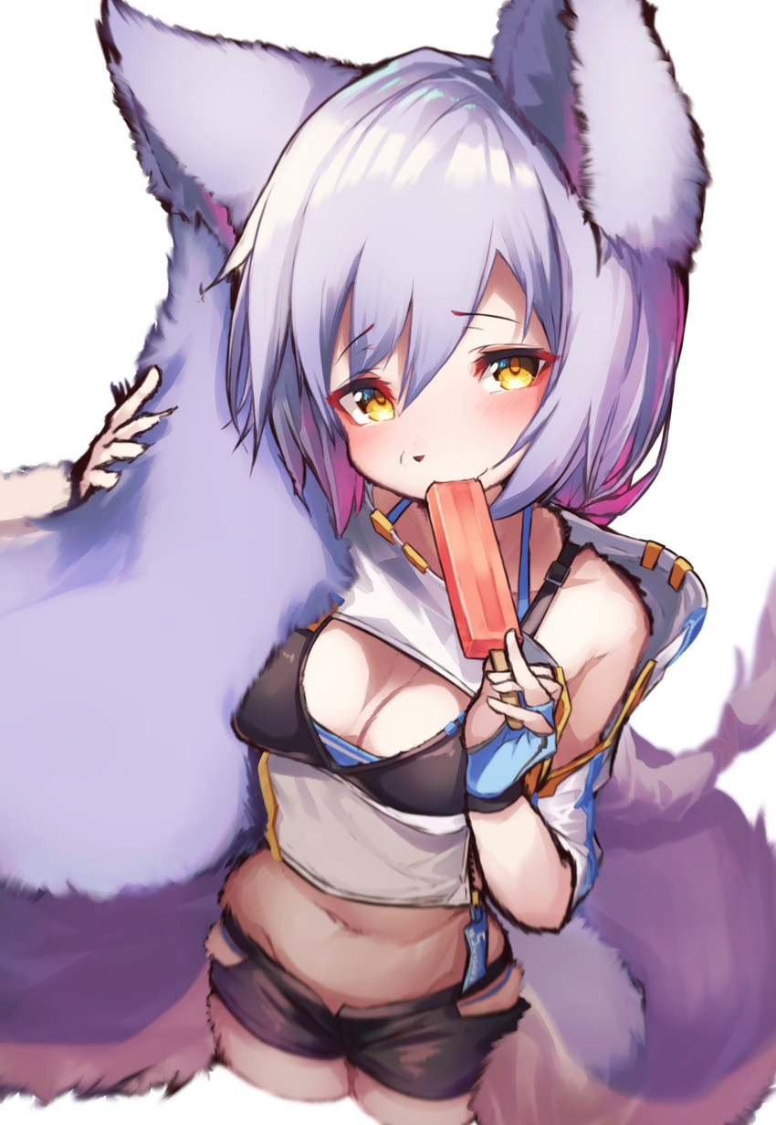 5_fingers alternate_species anthro anthrofied big_tail black_nose blush bottomwear bra breasts cleavage clothed clothing cute_fangs dessert eating fangs female female_anthro fingers fluffy fluffy_ears fluffy_tail food fur hair high-angle_view holding_object huge_tail ice_cream kemono long_hair looking_at_viewer medium_breasts navel ponytail purple_body purple_fur purple_hair shorts simple_background solo tail tail_hug teeth underwear white_background white_body white_fur yellow_eyes tabhead arknights hypergryph studio_montagne provence_(arknights) canid canine fox mammal 2020 absurd_res digital_media_(artwork) hi_res