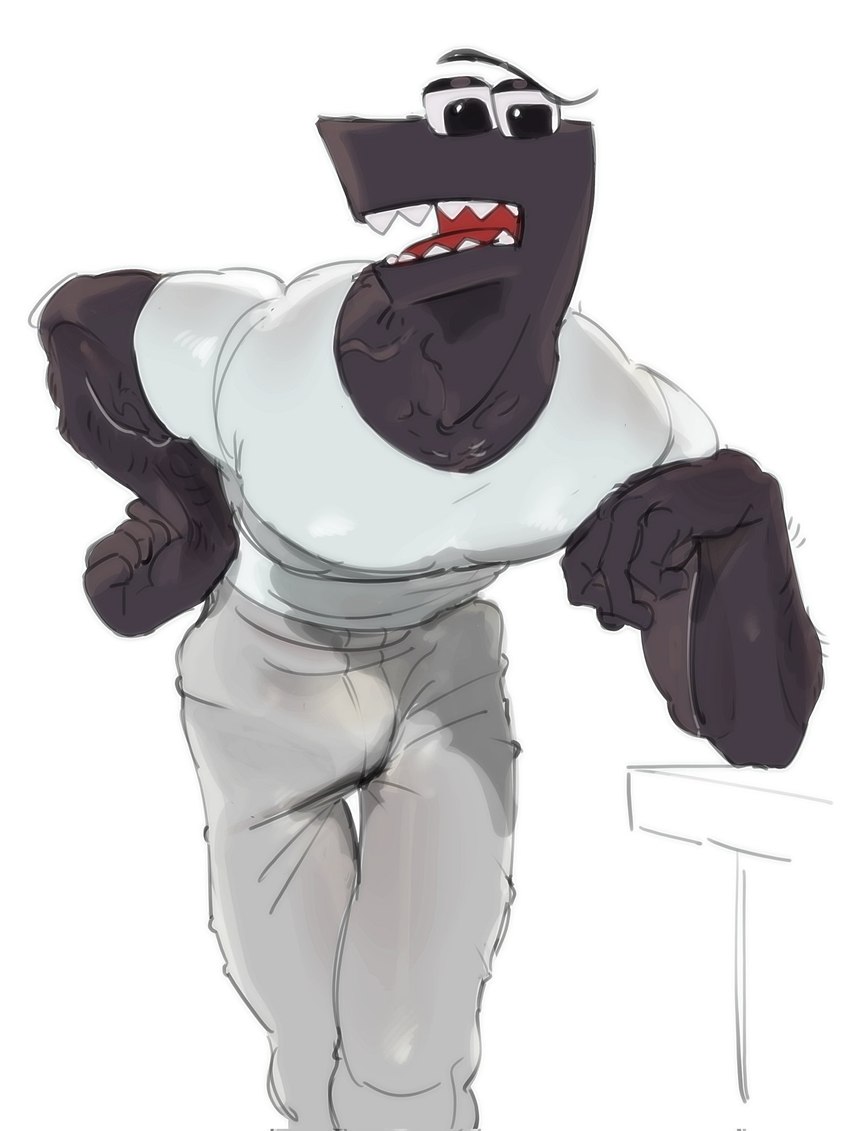 arm_hair body_hair bottomwear bulge chest_hair clothing humanoid_hands male muscular muscular_male open_mouth pants sharp_teeth shirt snout solo t-shirt teeth tight_clothing toony topwear kogito alphabet_(mike_salcedo) f_(mike_salcedo) animate_inanimate humanoid hi_res