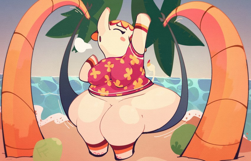 anthro beach bottomless clothed clothing female hammock outside overweight overweight_female palm_tree plant sea seaside shirt solo stretching thick_thighs topwear tree water wide_hips flashfigure animal_crossing nintendo margie_(animal_crossing) elephant elephantid mammal proboscidean 14:9 absurd_res hi_res