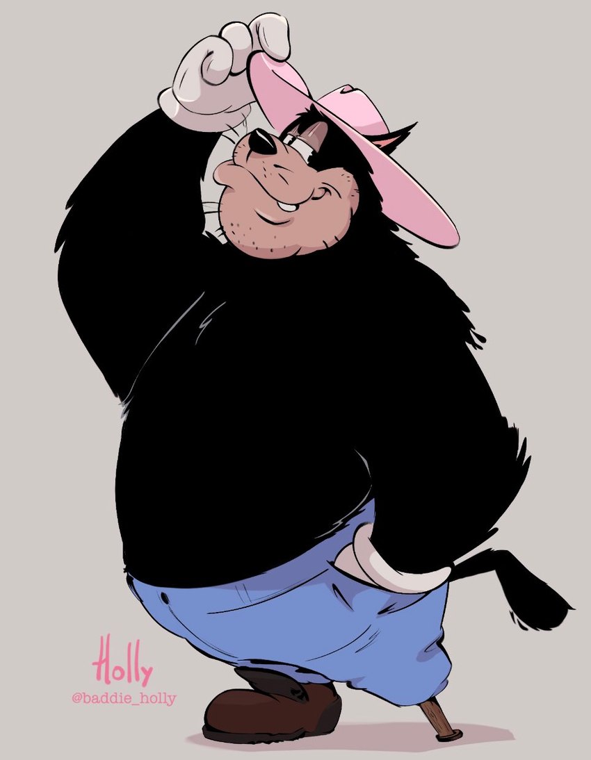 anthro black_eyes black_nose bottomwear clothed clothing footwear gloves half-closed_eyes hand_in_pocket handwear happy hat headgear headwear holding_object looking_at_viewer male narrowed_eyes obese overweight pants partially_clothed pegleg pockets shoes simple_background smile solo standing stubble whiskers white_background baddie_holly disney goof_troop pegleg_pete pete_(disney) peter_pete_sr. domestic_cat felid feline felis mammal hi_res signature